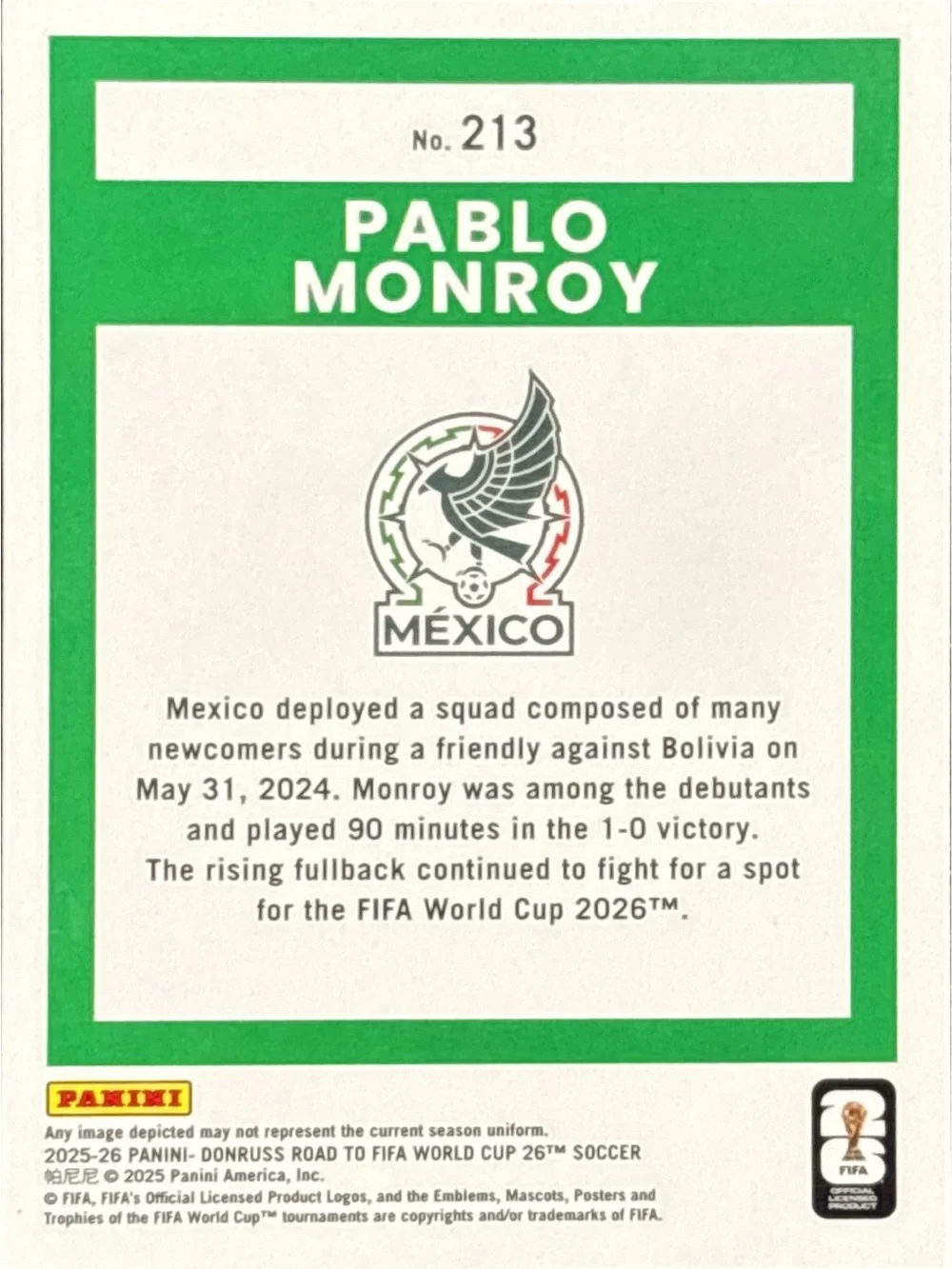 Panini Optic Pablo Monroy Rookie World Cup Soccer Trading Card